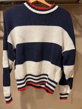 Vintage Liz Wear Striped Navy & Cream Crewneck Sweater with Red Trim